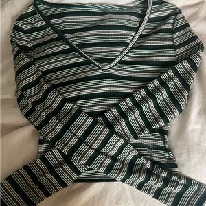 Striped (Dark Green, White, Black) V-Neck Long Sleeve Top
